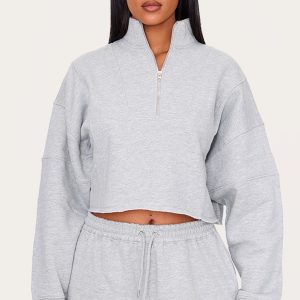 Tall Grey Marl Half Zip Crop Sweatshirt
