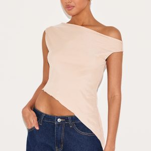 Almond Asymmetric Neck Mesh Top