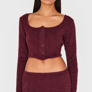 Burgundy Textured Soft Rib Square Neck Button Crop Top