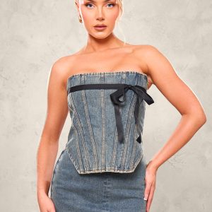 Vintage Mid Wash Contrast Bow Detail Denim Corset Top