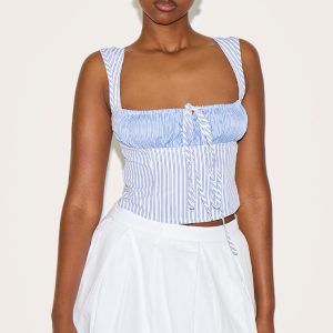 Sky Blue Cotton Contrast Striped Crop Top