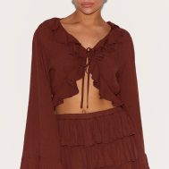 c025ca930abebf0fe5bee0eefb695d3993d6d6cf_CNM3968_1_petite_chocolate_cheesecloth_ruffle_tie_front_long_sleeve_top