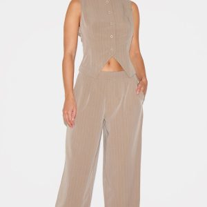 Beige Tailored Woven Pinstripe Wide Leg Trousers