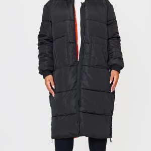 Plus Black Maxi Contrast Hooded Puffer Jacket