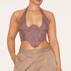 Shape Brown Double Layered Mesh Tie Neck Corset Top
