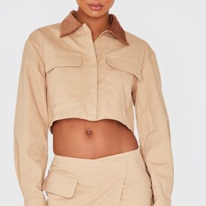 Beige Woven Cropped Cargo Jacket