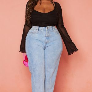 Plus Black Mesh Sleeve Halter Neck Bodysuit