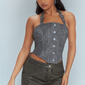 Black Faux Leather Woven Hook & Eye Buckle Halterneck Boned Corset