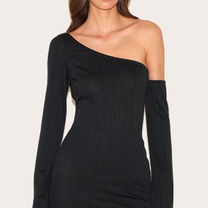 Black Textured Long Sleeve Asymmetric Mini Dress