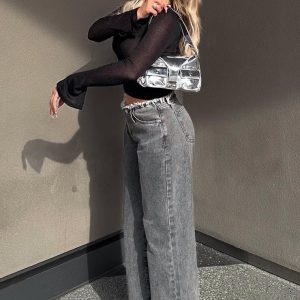 Petite Washed Grey Fray Waist Low Rise Straight Leg Jeans