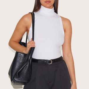 White Modal Cotton High Neck Sleeveless Long Top