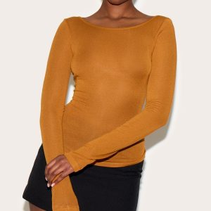 Tan Sheer Soft Touch Crew Neck Long Sleeve Top