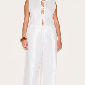 Plus White Wide Leg Drawstring Trousers