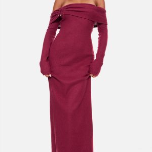 Burgundy Heavy Brushed Rib Bardot Trim Maxi Dress