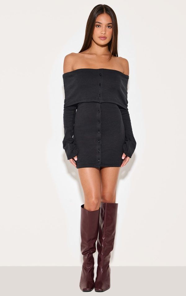 c1272a7fb79f878a38464771274c38579ee2ff16_CNM3164_3_black_rib_fold_over_bardot_button_mini_dress