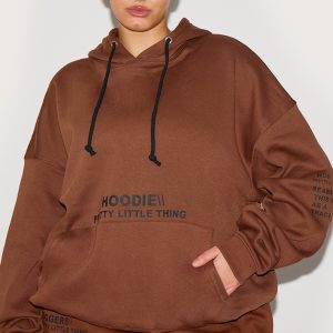 PRETTYLITTLETHING Plus Chocolate Oversized Fit Slogan Printed Hoodie