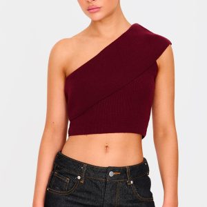 Burgundy Soft Rib Knit One Shoulder Fold Over Crop Top