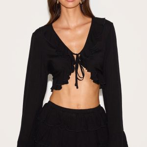 Black Cheesecloth Ruffle Tie Front Long Sleeve Top
