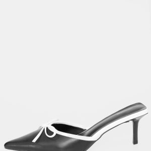 Monochrome Pu Point Toe Bow Detail Mid Heeled Court Mules