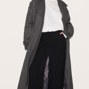 Plus Charcoal Pinstripe Wool Look Double Breasted Belted Coat