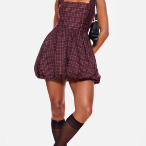 Burgundy Check Puffball Dress
