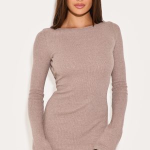 Mushroom Heavy Brushed Rib Flared Sleeve Shift Dress