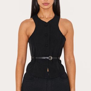 Petite Black Racer Belt Detail Longline Waistcoat