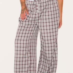 Plus Brown Gingham Print Button Front Straight Leg Trousers