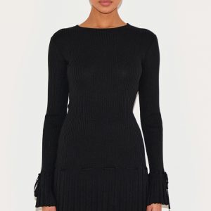 Black Rib Knit Pleated Tie Detail Long Sleeve Mini Dress