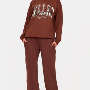 PRETTYLITTLETHING Dark Chocolate Embroidered Graphic Wide Leg Joggers