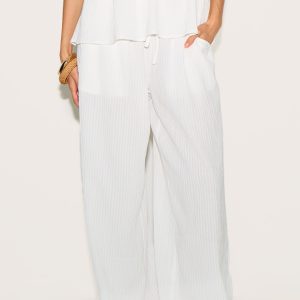 White Woven Textured Straight Leg Trousers