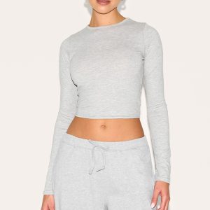 Ash Grey Cotton Jersey Long Sleeve Crew Neck Top