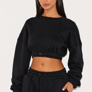 Petite Black Crop Elasticated Sweat Top