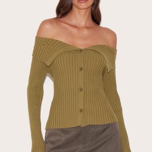 Olive Rib Knit Fold Over Button Up Top