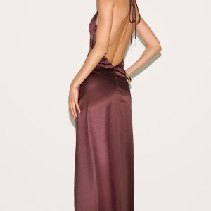 Chocolate Satin Lace Up Back Maxi Slip Dress