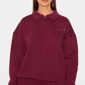 PRETTYLITTLETHING Burgundy Premium Studio Archives Collared Sweatshirt