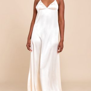 Natural Satin Lace Up Back Maxi Slip Dress