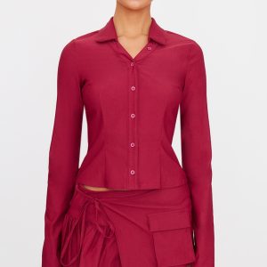 Burgundy Woven Long Sleeve Cargo Detail Shirt
