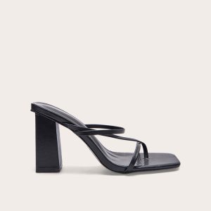 Black PU Toe Loop Strappy Block Heeled Mules