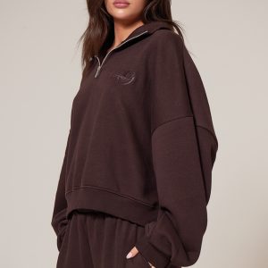 PRETTYLITTLETHING Chocolate Half Zip Embroidered Sweatshirt