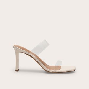 White Pu Square Toe Perspex Straps High Thin Block Heeled Mules - Nude, 5