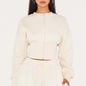 Petite Cream Elasticated Hem Zip Up Sweatshirt