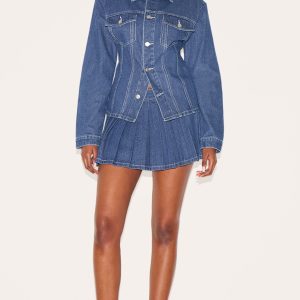 Dark Blue Contrast Stitch Pleated Denim Mini Skirt