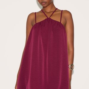 Wine Puff Ball Strappy Mini Dress