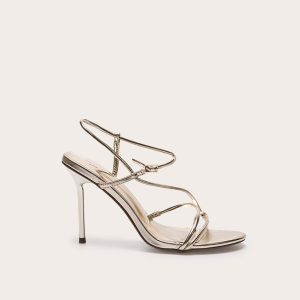 Gold Wide Fit Pu Strappy Asymmetric Buckle High Stiletto Heeled Sandals