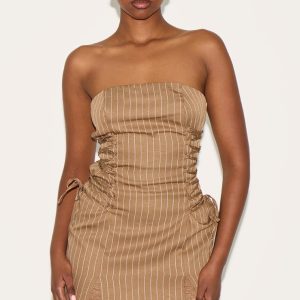 Chocolate Pinstripe Bandeau Lace Trim Shift Dress