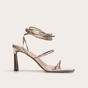 Gold Pu Square Toe Strappy Lace Up Mid Stiletto Heeled Sandals - Black, 6