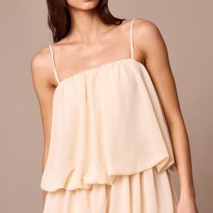 Almond Chiffon Ruched Strappy Puffball Dress