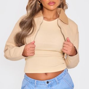Sand Cotton Feel Contrast Collar Crop Jacket