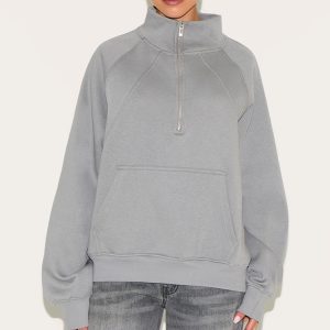 Grey Panel Detail Zip Up Pocket Oversized Sweatshirt